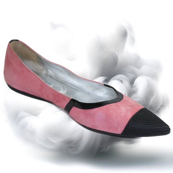 Prada Pink Suede Black Patent Leather Accent Ballet Flats, Size 36.5 (US 6.5) - Picture 1 of 8